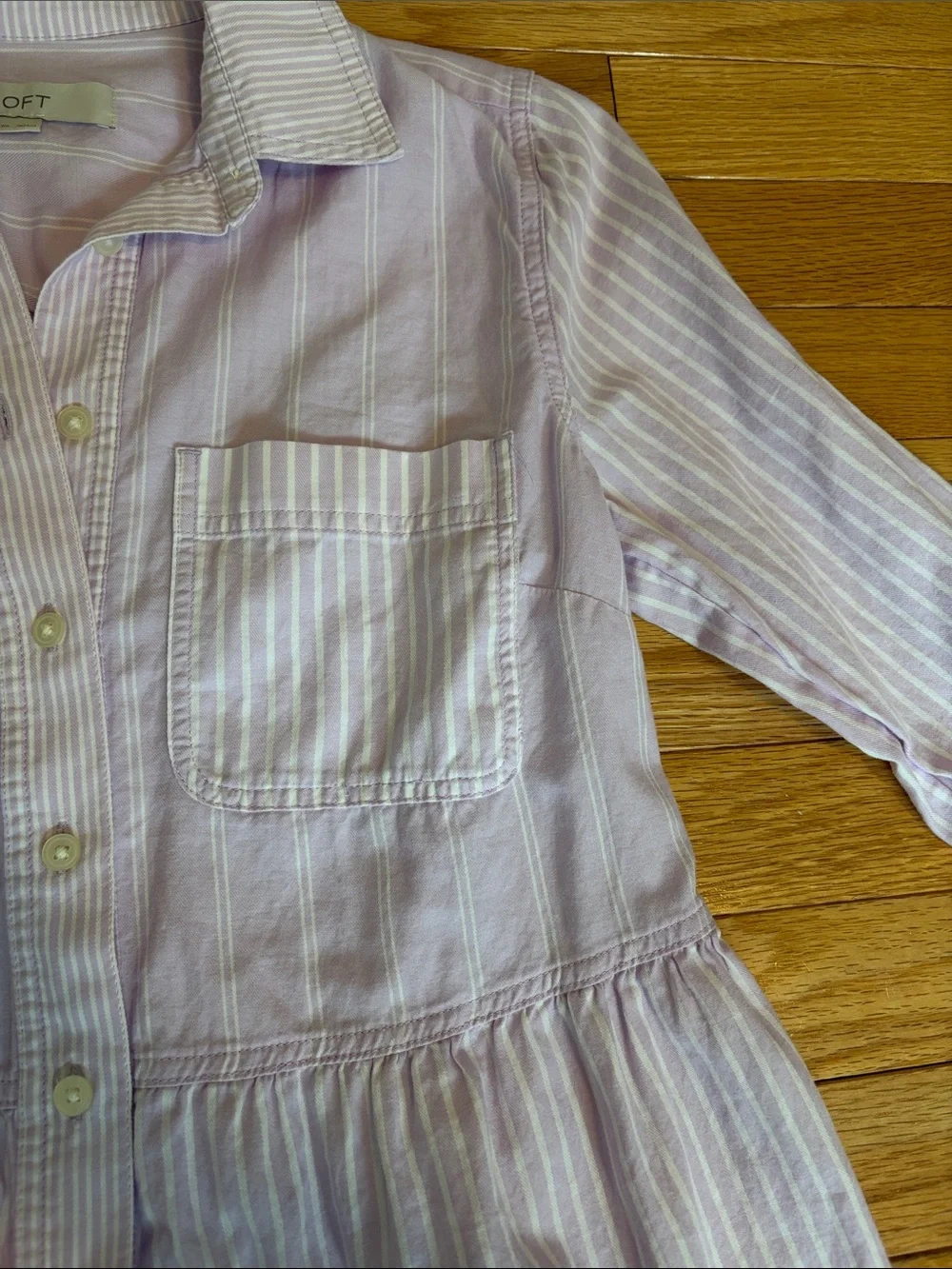 LOFT Lavender Striped Button-Front Tiered Dress - Picture 4 of 8